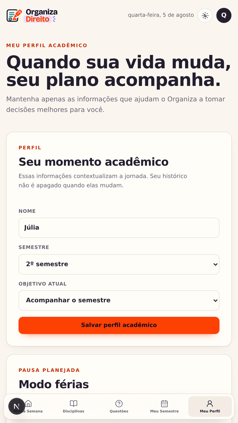 Evolução do perfil no Organiza Direito